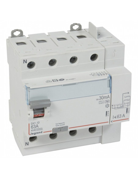 Interrupteur différentiel DX³-ID automatique 4 pôles 400V 63A type F 30mA 5 modules LEGRAND 411659