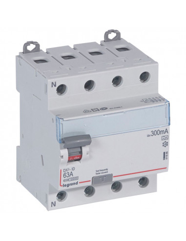 Interrupteur différentiel DX³-ID arrivée haute et départ bas à vis 4 Pôles 400V 63A type A 300mA 4 modules LEGRAND 411686