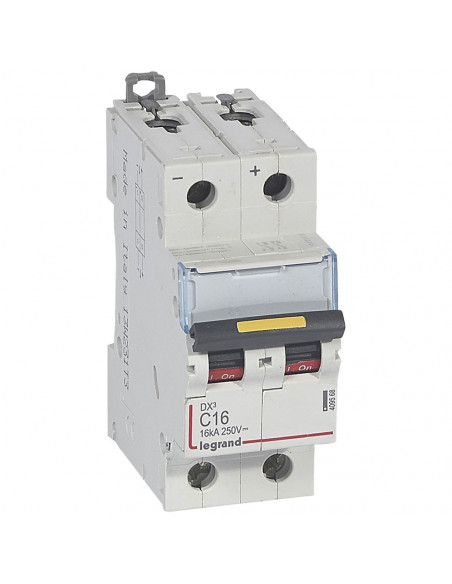 Disjoncteur DX³ 16kA courant continu arrivée vis et sortie basse vis 16A courbe C 2 modules LEGRAND 409568