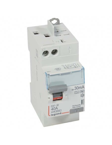 Interrupteur différentiel DX³-ID arrivée vis et départ automatique 2 Pôles 230V 40A type F 30mA 2 modules LEGRAND 411644