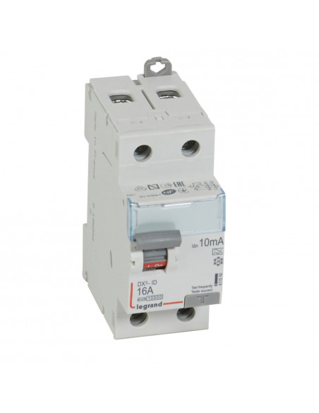 Interrupteur différentiel DX³-ID arrivée haute et départ bas à vis 2 Pôles 230V 16A type A 10mA 2 modules LEGRAND 411550