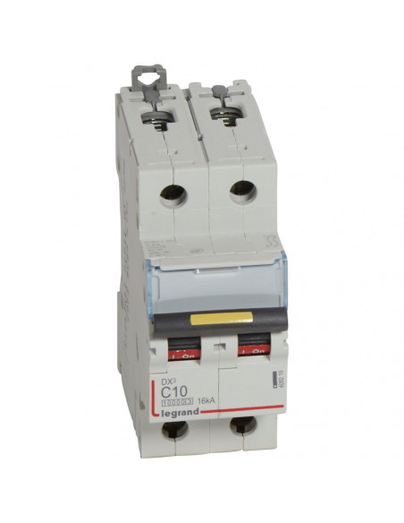 Disjoncteur DX³10000 16kA arrivée haute et départ bas à vis 2 Pôles de 230V à 400V 10A courbe C 2 modules LEGRAND 409219