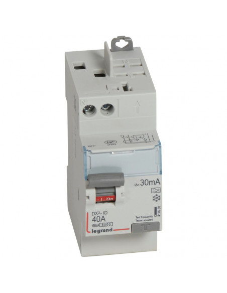 Interrupteur différentiel DX³-ID arrivée vis et départ automatique 2 Pôles 230V 40A type A 30mA 2 modules LEGRAND 411638
