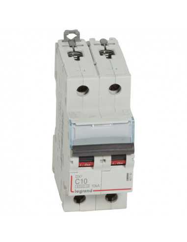 Disjoncteur DX³6000 10kA arrivée haute et départ bas à vis 2 Pôles de 230V à 400V 10A courbe C 2 modules LEGRAND 407782