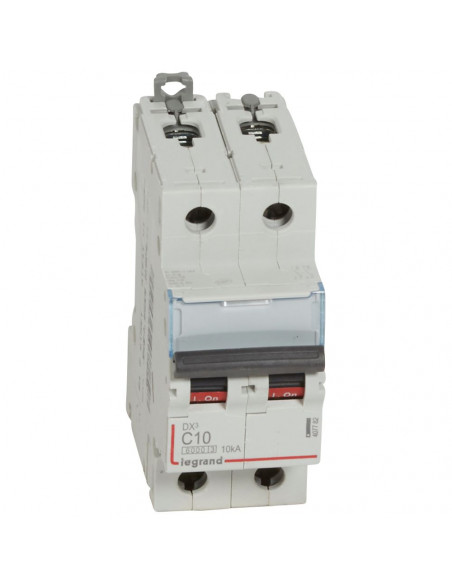 Disjoncteur DX³6000 10kA arrivée haute et départ bas à vis 2 Pôles de 230V à 400V 10A courbe C 2 modules LEGRAND 407782