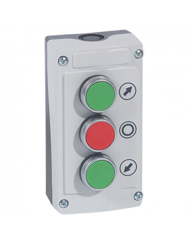 Boîte à bouton équipée Osmoz avec 3 boutons à impulsion ( 2 boutons vert et 1 bouton rouge ) avec couvercle gris LEGRAND 024236