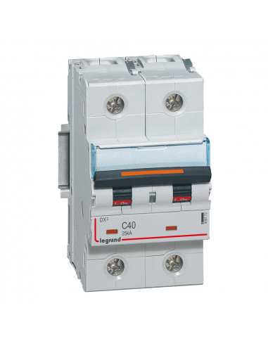Disjoncteur DX³ 25kA arrivée haute et départ bas à vis 2 Pôles 400V 40A courbe C 3 modules LEGRAND 409772