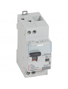 Disjoncteur différentiel DX³4500 arrivée haute départ bas à vis U+N 230V~ 20A type AC 300mA courbe C 2 modules LEGRAND 410726