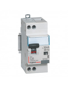 Disjoncteur différentiel DX³4500 arrivée haute et départ bas à vis U+N 230V 20A type AC 30mA courbe C 2 modules LEGRAND 410706