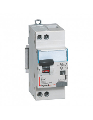 Disjoncteur différentiel DX³4500 arrivée haute et départ bas à vis U+N 230V 20A type AC 30mA courbe C 2 modules LEGRAND 410706