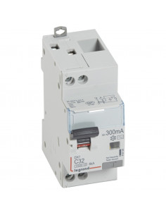 Disjoncteur différentiel DX³4500 arrivée haute et départ bas à vis U+N 230V~ 32A type AC 300mA courbe C 2 modules LEGRAND 410728