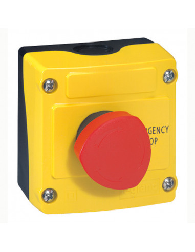 Boîte à bouton équipée Osmoz coup de poing coupure d'urgence rouge pousser-tourner D.40mm couvercle jaune LEGRAND 024212