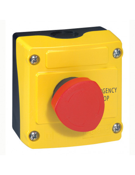 Boîte à bouton équipée Osmoz coup de poing coupure d'urgence rouge pousser-tourner D.40mm couvercle jaune LEGRAND 024212