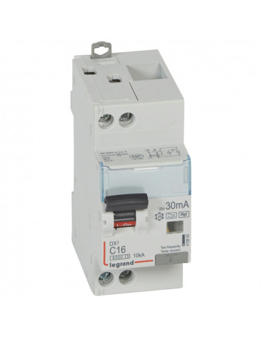 Disjoncteur différentiel monobloc DX³6000 10kA arrivée haute et départ bas à vis U+N 230V 16A type F 30mA LEGRAND 410855