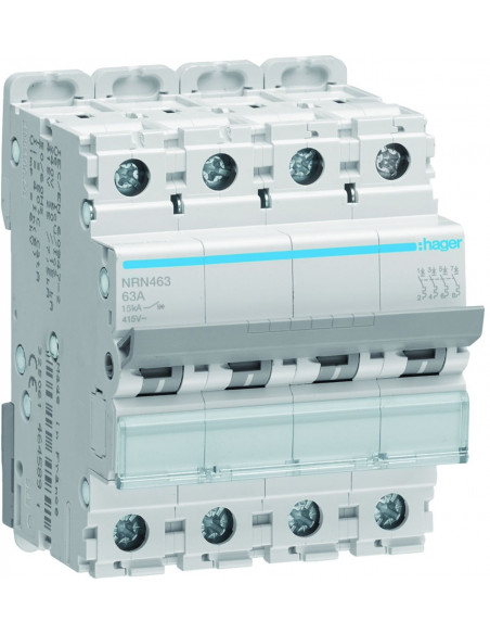 Disjoncteur 4 Pôles 15kA courbe C 63A 4 modules HAGER NRN463