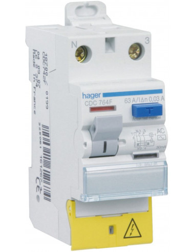 Interrupteur Différentiel 2 Pôles 63A 30MA TYPE AC Bornes décalées HAGER CDC764F