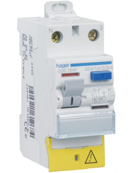 Interrupteur Différentiel 2 Pôles 63A 30MA TYPE AC Bornes décalées HAGER CDC764F