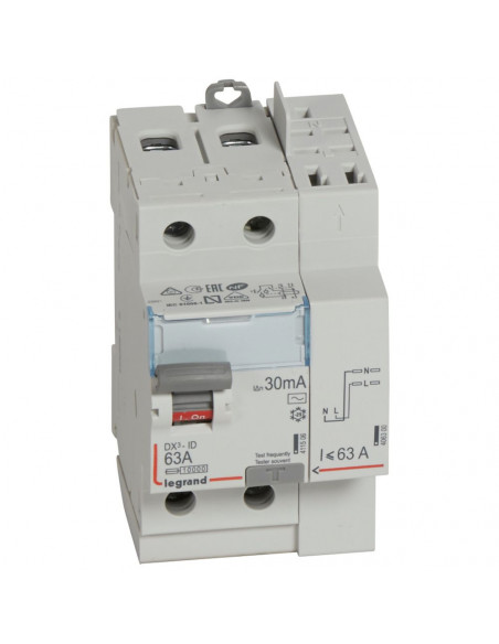 Interrupteur différentiel DX³-ID arrivée haut vis départ haut automatique 2 Pôles 230V 63A type AC 30mA 3 modules LEGRAND 411633