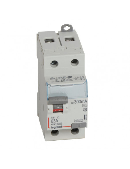 Interrupteur différentiel DX³-ID arrivée haute et départ bas à vis 2 Pôles 230V 63A type AC 300mA 2 modules LEGRAND 411526