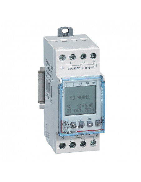 Interrupteur horaire digital modulaire programmable annuel 2 sorties 16A 250V alimentation 230V LEGRAND 412630