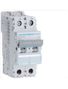 Disjoncteur 2P 6-10kA courbe C - 32A 2 modules HAGER NFN232 2