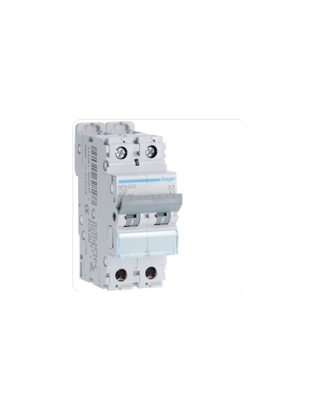 Disjoncteur 2 Pôles 6-10kA courbe C 32A 2 modules HAGER NFN232