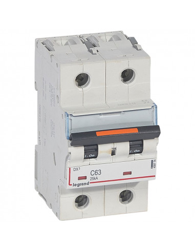Disjoncteur DX³ 25kA arrivée haute et départ bas à vis 2 Pôles 230V à 400V 63A courbe C 3 modules LEGRAND 409774