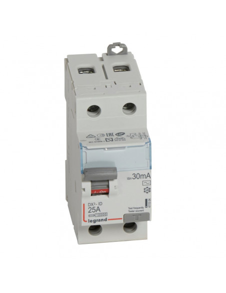 Interrupteur différentiel DX³-ID arrivée haute et départ bas à vis 2 Pôles 230V 25A type AC 30mA 2 modules LEGRAND 411504