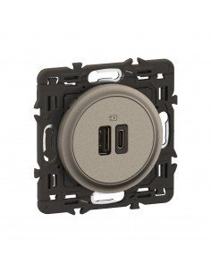 Prise 2 USB Céliane 15W Type-A+C enjoliveur Titanium et support LEGRAND CY0153