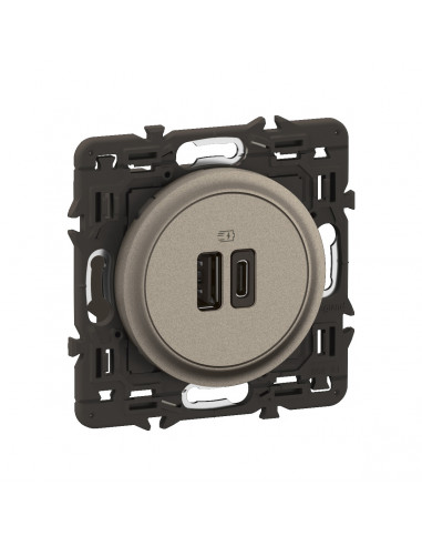 Prise 2 USB Céliane 15W Type-A+C enjoliveur Titanium et support LEGRAND CY0153
