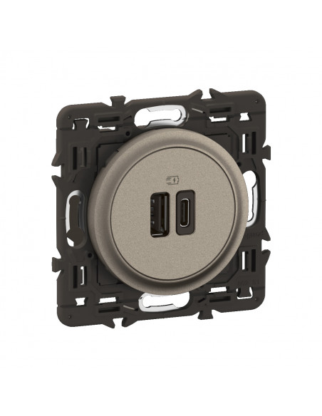 Prise 2 USB Céliane 15W Type-A+C enjoliveur Titanium et support LEGRAND CY0153