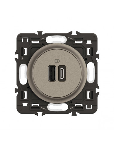 Prise 2 USB Céliane 15W Type-A+C enjoliveur Titanium et support LEGRAND CY0153