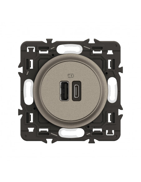 Prise 2 USB Céliane 15W Type-A+C enjoliveur Titanium et support LEGRAND CY0153