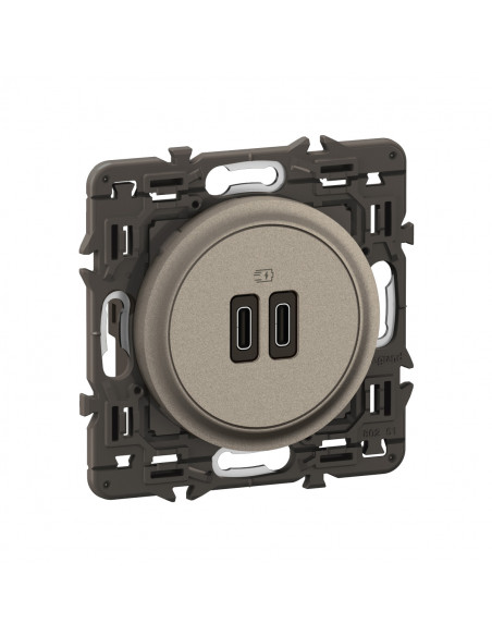 Prise 2 USB Céliane 20W Power Delivery Type-C+C enjoliveur Titanium et support LEGRAND CY0154