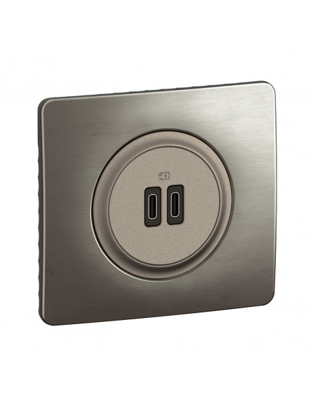 Prise 2 USB Céliane 20W Power Delivery Type-C+C enjoliveur Titanium et support LEGRAND CY0154