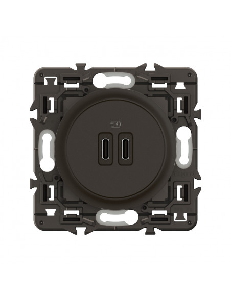 Prise 2 USB Céliane 20W Power Delivery Type-C+C enjoliveur Noir et support LEGRAND CZ0154