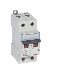 Disjoncteur DX³6000 arrivée haute et départ bas à vis 2 Pôles de 230V à 400V 50A courbe D 2 modules LEGRAND 408020 2