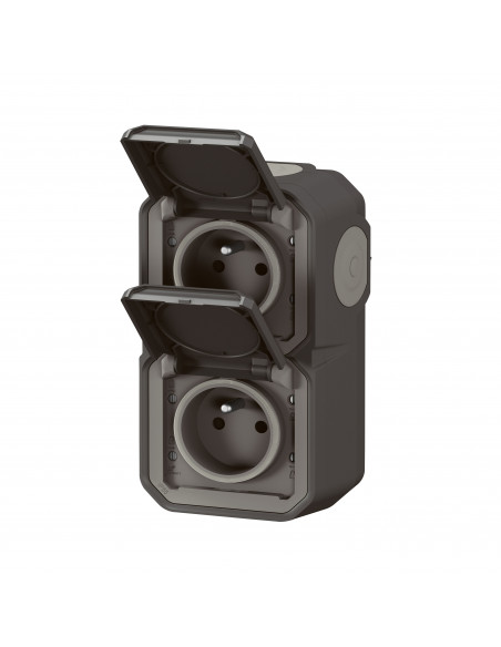 Double prise de courant verticale avec volet Plexo complet saillie anthracite LEGRAND 070065