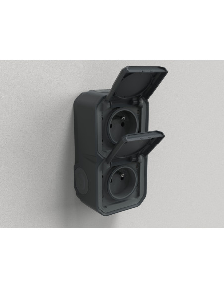 Double prise de courant verticale avec volet Plexo complet saillie anthracite LEGRAND 070065