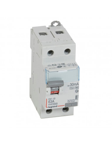 Interrupteur différentiel DX³-ID arrivée haute et départ bas à vis 2 Pôles 230V~ 63A type F 30mA 2 modules LEGRAND 411592