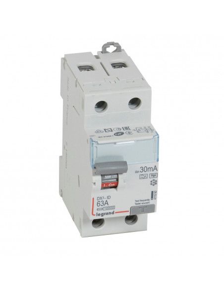 Interrupteur différentiel DX³-ID arrivée haute et départ bas à vis 2 Pôles 230V~ 63A type F 30mA 2 modules LEGRAND 411592