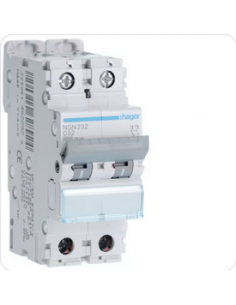 Disjoncteur 2P 6-10kA courbe D - 32A 2 modules HAGER NGN232 2