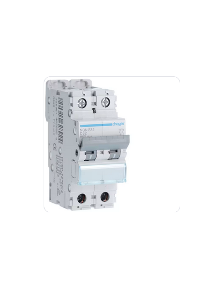Disjoncteur 2 Pôles 10kA courbe D 32A 2 modules HAGER NGN232