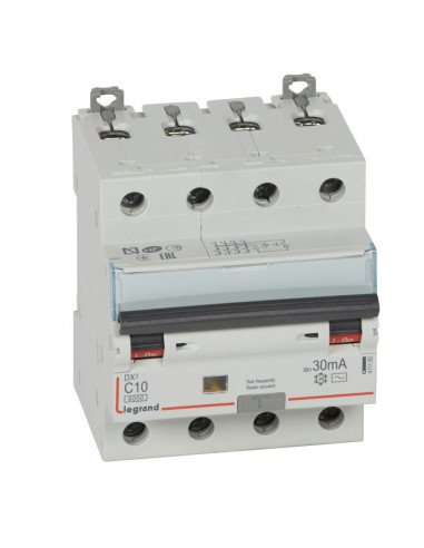 Disjoncteur différentiel monobloc DX³6000 10kA arrivée haute et départ bas à vis 4 Pôles 400V 10A type AC 30mA LEGRAND 411185