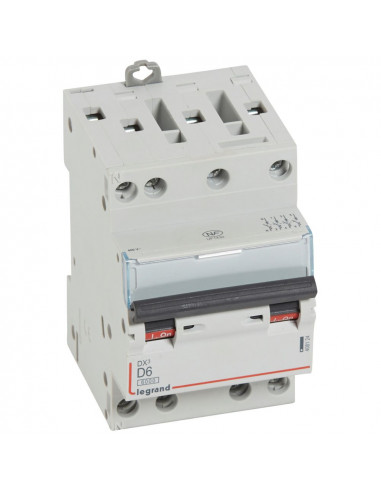 Disjoncteur DX³6000 10kA arrivée haute et départ bas à vis 4 Pôles 400V~ 6A courbe D pour peigne HX³ optimisé LEGRAND 408124