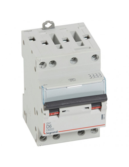 Disjoncteur DX³6000 10kA arrivée haute et départ bas à vis 4 Pôles 400V~ 6A courbe D pour peigne HX³ optimisé LEGRAND 408124