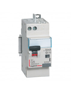 Disjoncteur différentiel DX³4500 arrivée haute vis et départ haut automatique U+N 230V~ 25A typeAC 30mA 2 modules EGRAND 410719
