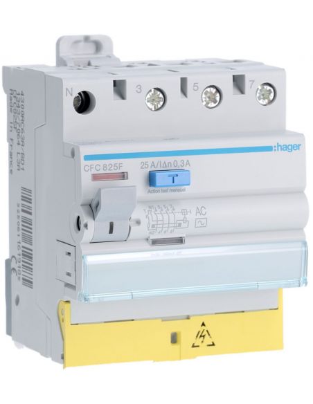 Interrupteur différentiel 3P+N 25A 300mA type AC à bornes décalées HAGER CFC825F