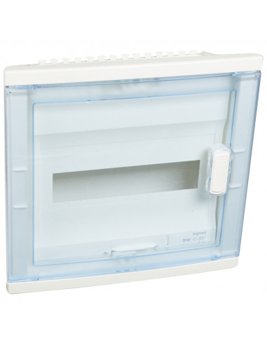 Coffret modulaire encastré 1 rangée 12+2 modules avec porte isolante galbée transparente LEGRAND 001521