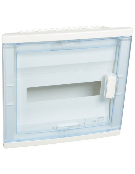 Coffret modulaire encastré 1 rangée 12+2 modules avec porte isolante galbée transparente LEGRAND 001521